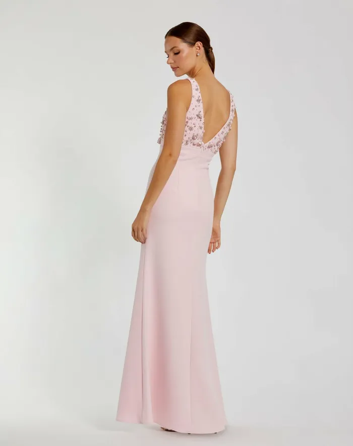 Evening Gowns Pink Crepe Sleeveless Beaded V Neck Gown With Bow Blush Mac Duggal Women