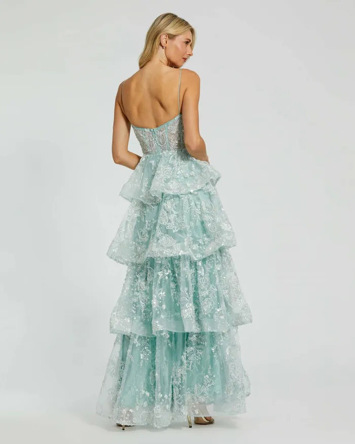 Evening Gowns Spaghetti Strap Applique Tiered Ruffle Gown Mint Mac Duggal Women
