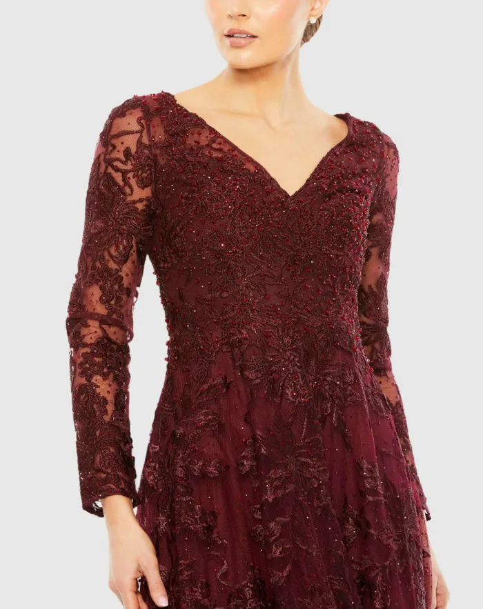 Evening Gowns Women Mac Duggal Embellished Illusion Long Sleeve V Neck Gown Mahogany Evening Gowns Women Mac Duggal Embellished Illusion Long Sleeve V Neck Gown Mahogany