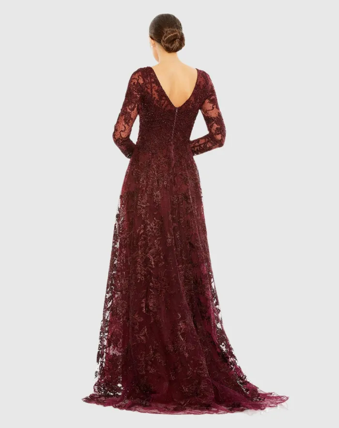 Evening Gowns Women Mac Duggal Embellished Illusion Long Sleeve V Neck Gown Mahogany Evening Gowns Women Mac Duggal Embellished Illusion Long Sleeve V Neck Gown Mahogany