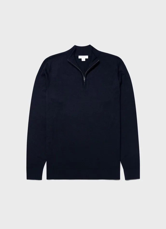 ExtraFine Merino Zip Neck Light Navy Men SUNSPEL Knitwear