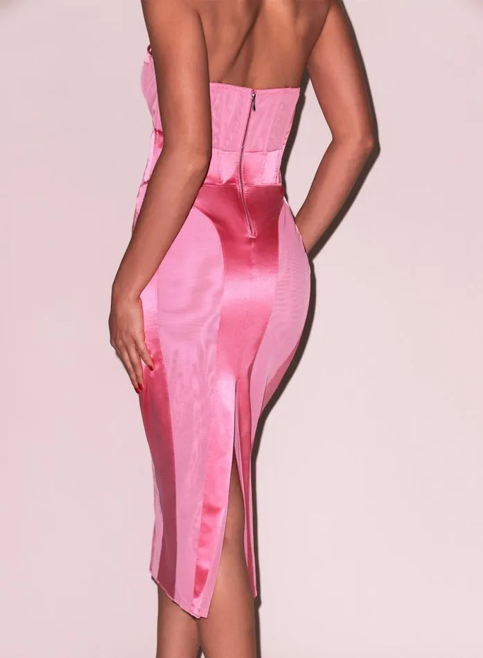 Fleur Du Mal Dresses Satin and Mesh Bustier Midi Dress Pink Obsession 8211 Women
