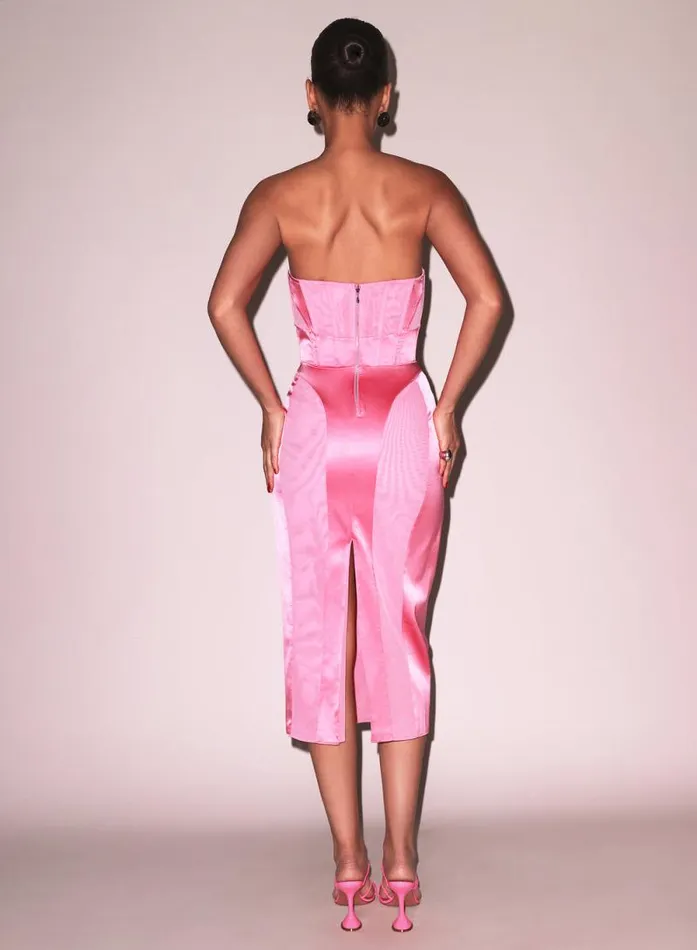 Fleur Du Mal Dresses Satin and Mesh Bustier Midi Dress Pink Obsession 8211 Women