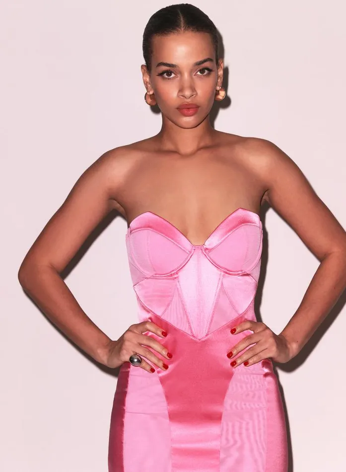 Fleur Du Mal Dresses Satin and Mesh Bustier Midi Dress Pink Obsession 8211 Women