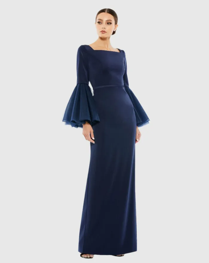Flounce Sleeve Square Neck Column Gown Navy Women Evening Gowns Mac Duggal