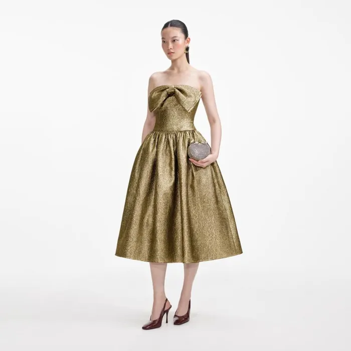 Gold Metallic Jacquard Midi Dress Women Self Portrait Dresses Gold Metallic Jacquard Midi Dress Women Self Portrait Dresses