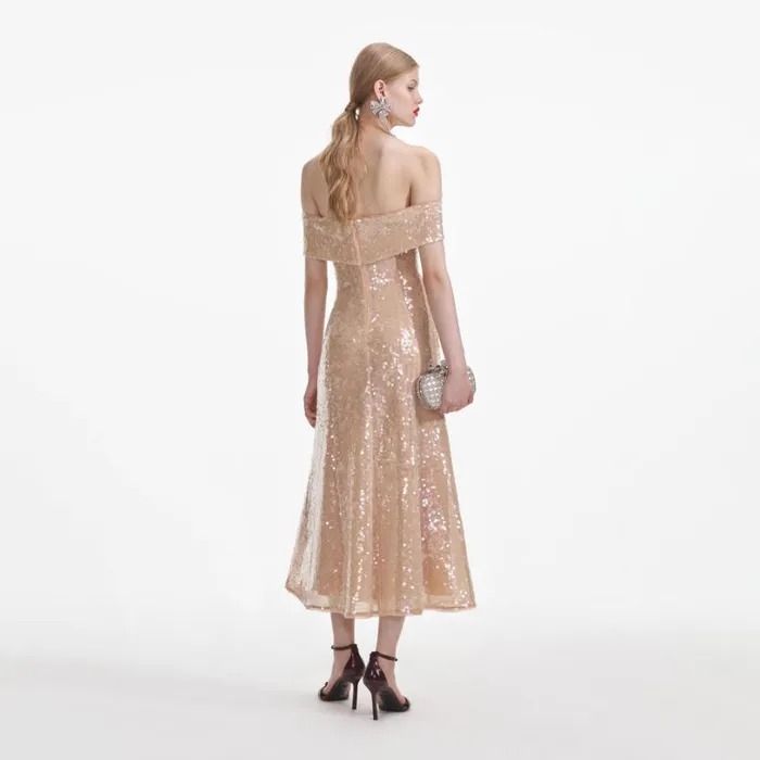 Gold Sequin Off Shoulder Midi Dress Women Self Portrait Dresses Gold Sequin Off Shoulder Midi Dress Women Self Portrait Dresses
