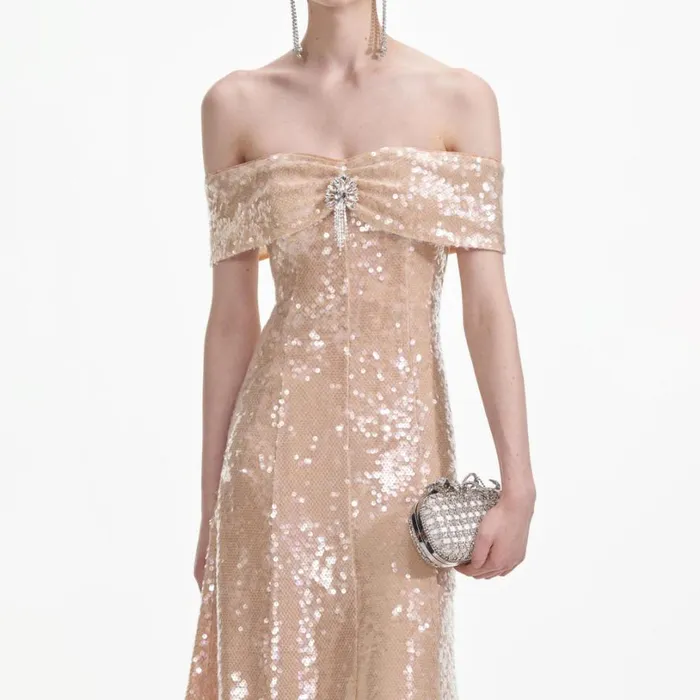 Gold Sequin Off Shoulder Midi Dress Women Self Portrait Dresses Gold Sequin Off Shoulder Midi Dress Women Self Portrait Dresses