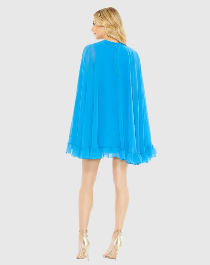 High Neck Ruffle Hem Cape Mini Dress Deep Green Women Best Sellers Mac Duggal