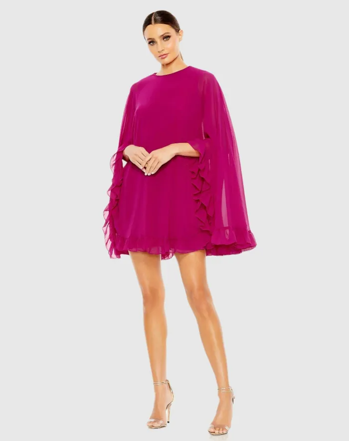 High Neck Ruffle Hem Cape Mini Dress Deep Green Women Best Sellers Mac Duggal