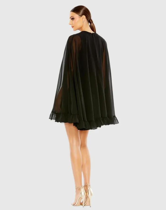 High Neck Ruffle Hem Cape Mini Dress Deep Green Women Best Sellers Mac Duggal