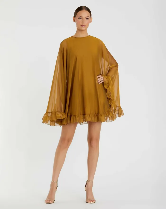 High Neck Ruffle Hem Cape Mini Dress Deep Green Women Best Sellers Mac Duggal