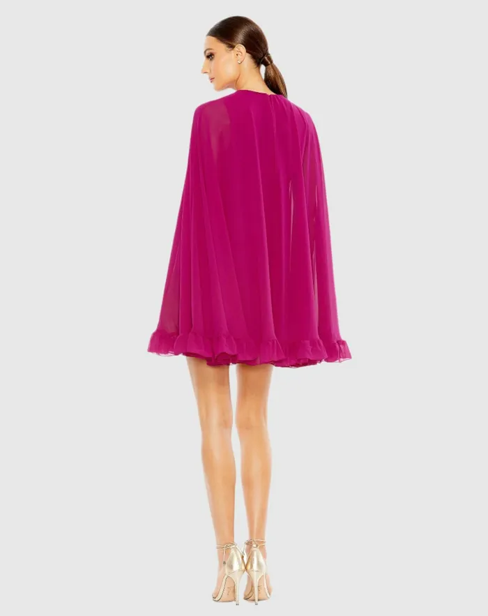 High Neck Ruffle Hem Cape Mini Dress Deep Green Women Best Sellers Mac Duggal
