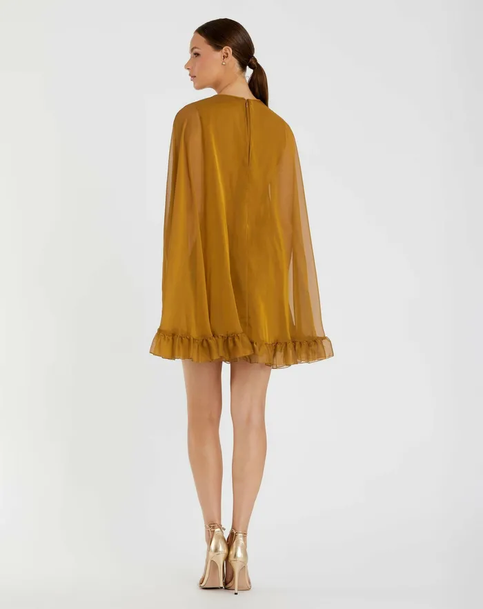 High Neck Ruffle Hem Cape Mini Dress Deep Green Women Best Sellers Mac Duggal