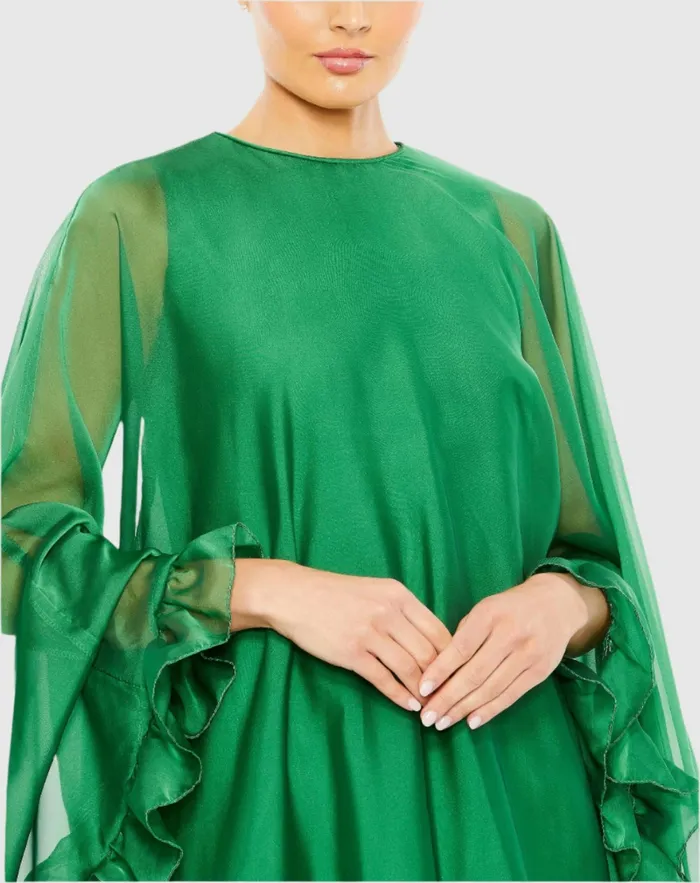High Neck Ruffle Hem Cape Mini Dress Deep Green Women Best Sellers Mac Duggal