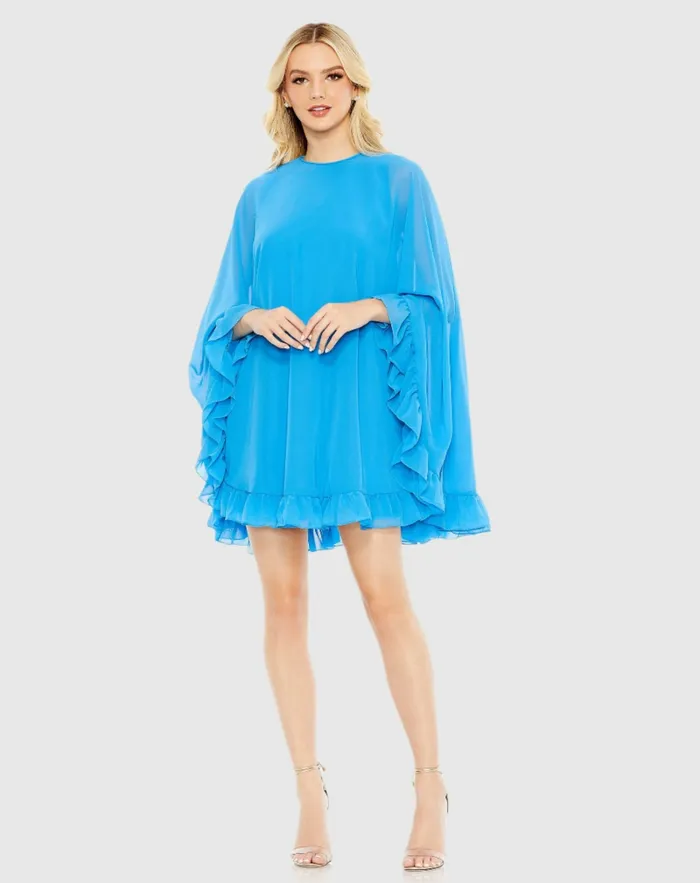 High Neck Ruffle Hem Cape Mini Dress Deep Green Women Best Sellers Mac Duggal