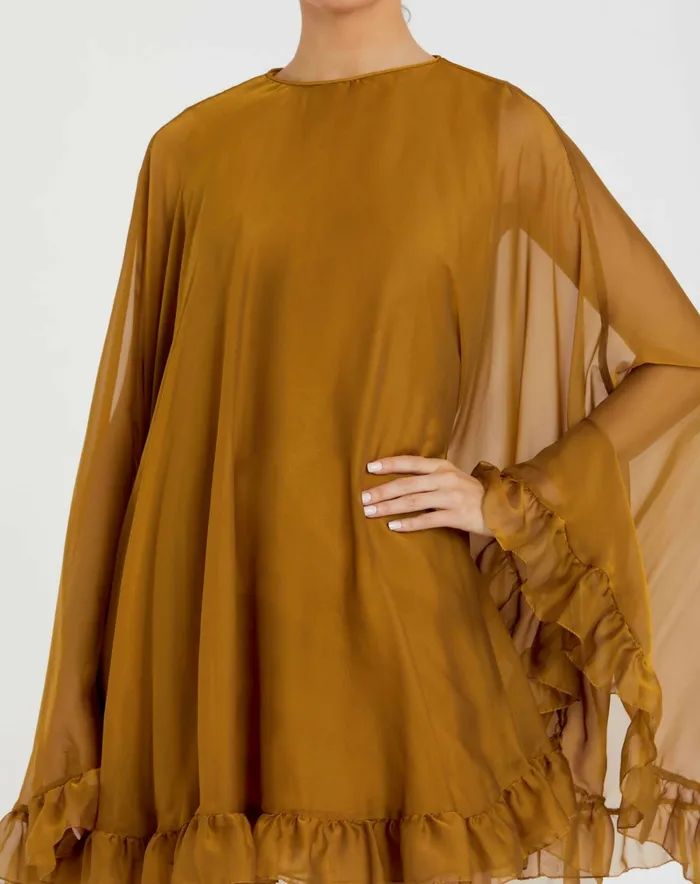 High Neck Ruffle Hem Cape Mini Dress Deep Green Women Best Sellers Mac Duggal