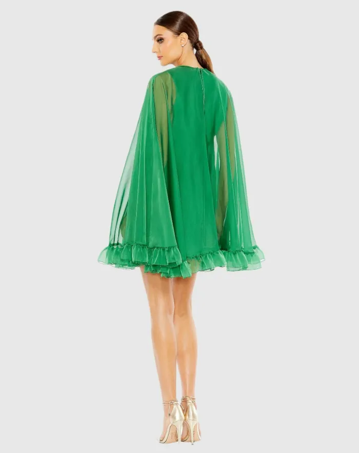High Neck Ruffle Hem Cape Mini Dress Deep Green Women Best Sellers Mac Duggal