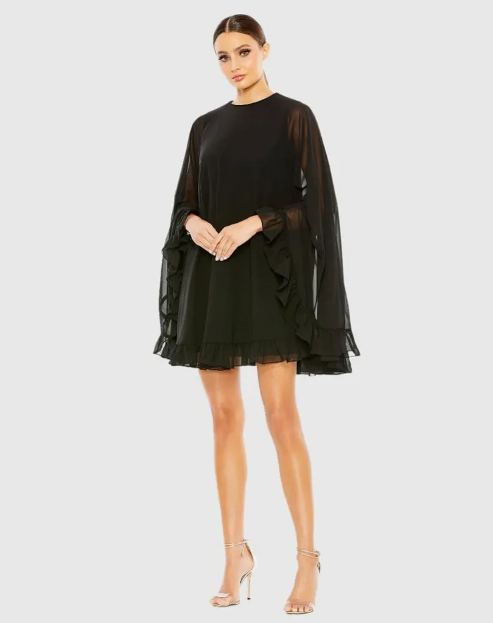 High Neck Ruffle Hem Cape Mini Dress Deep Green Women Best Sellers Mac Duggal