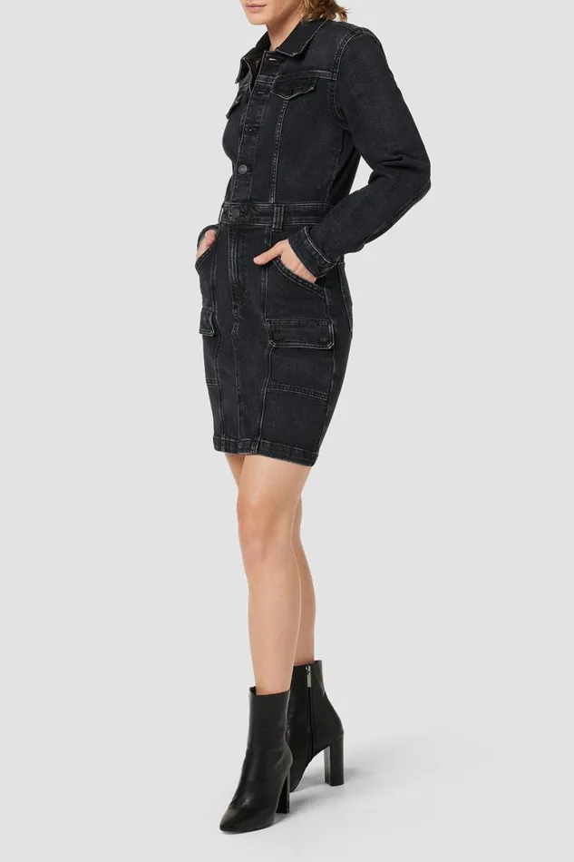 Hudson Jeans Dresses and Jumpsuits Long Sleeve Reconstructed Dress Black Ink 8211 Women
