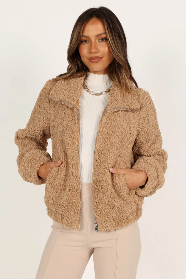 Jackets and Coats Petal and Pup Women Lucia Zip Front Teddy Jacket Camel