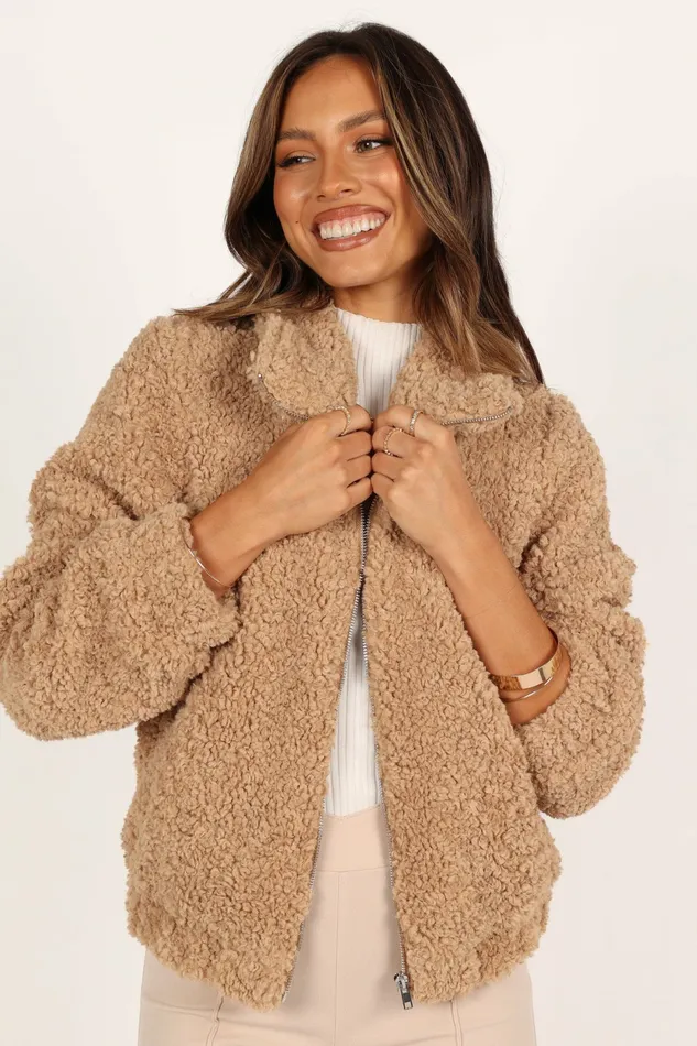 Jackets and Coats Petal and Pup Women Lucia Zip Front Teddy Jacket Camel