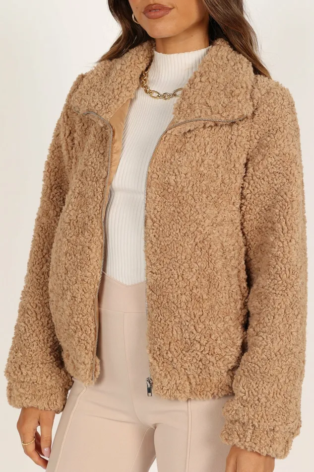 Jackets and Coats Petal and Pup Women Lucia Zip Front Teddy Jacket Camel