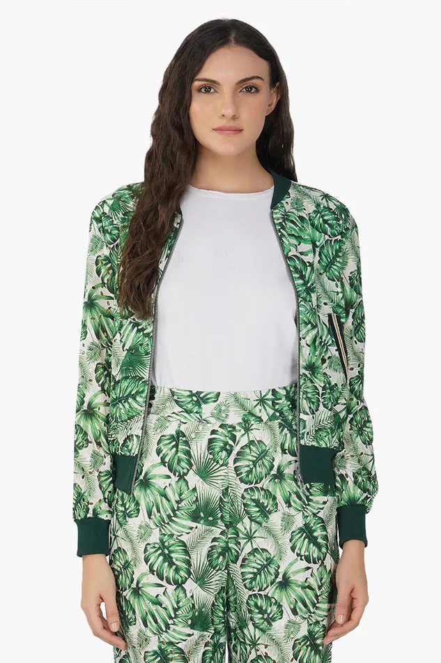 Jackets Green Palm Printed Bomber Jacket 8211 America and Beyond Women