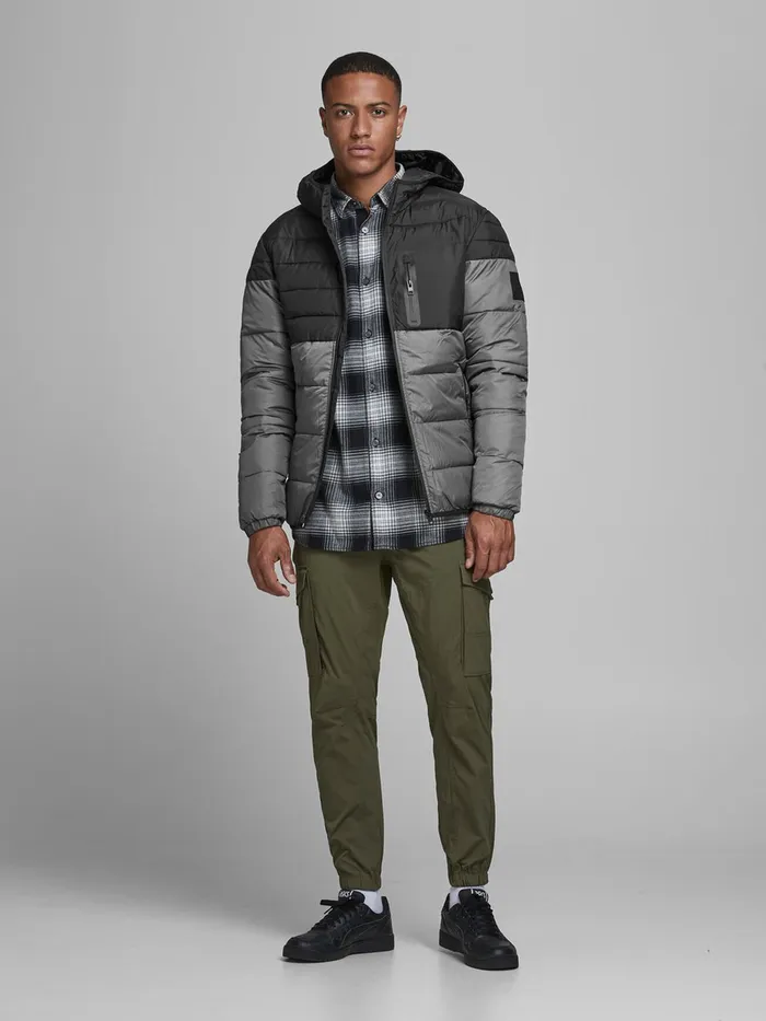 Jackets JACK and JONES Mens HOODED PUFFER JACKET Grey Black