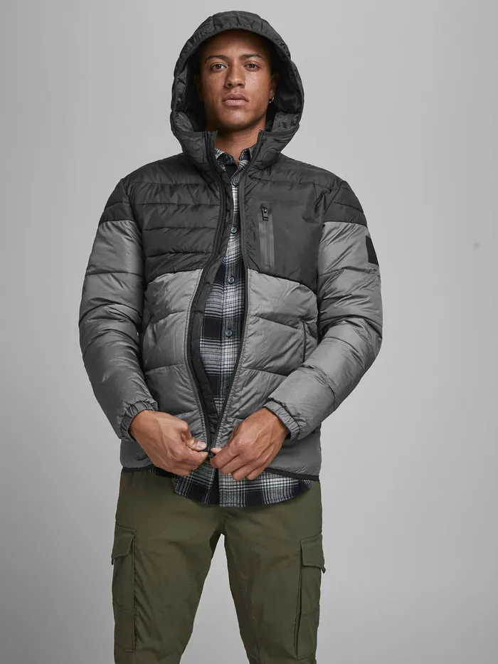 Jackets JACK and JONES Mens HOODED PUFFER JACKET Grey Black