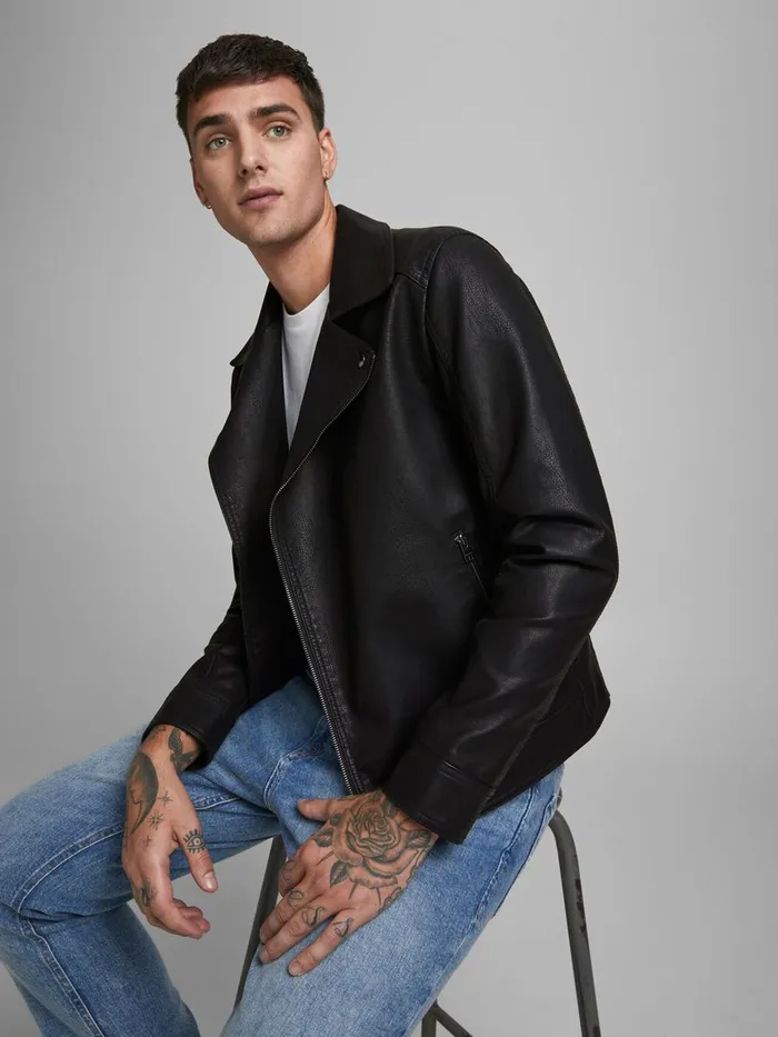 Jackets JACK and JONES Mens SIMPLE FAUX LEATHER JACKET Black Black