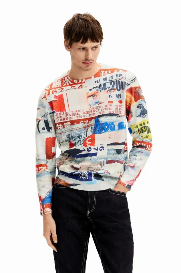 Jumpers And Sweatshirts Men Desigual Magazine Print Sweatshirt White