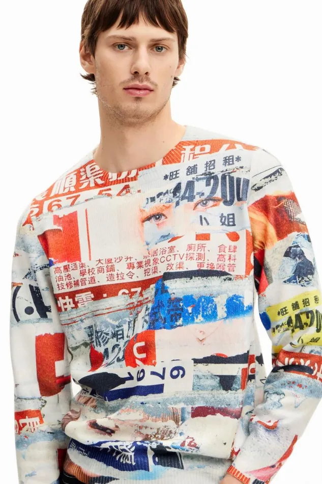 Jumpers And Sweatshirts Men Desigual Magazine Print Sweatshirt White