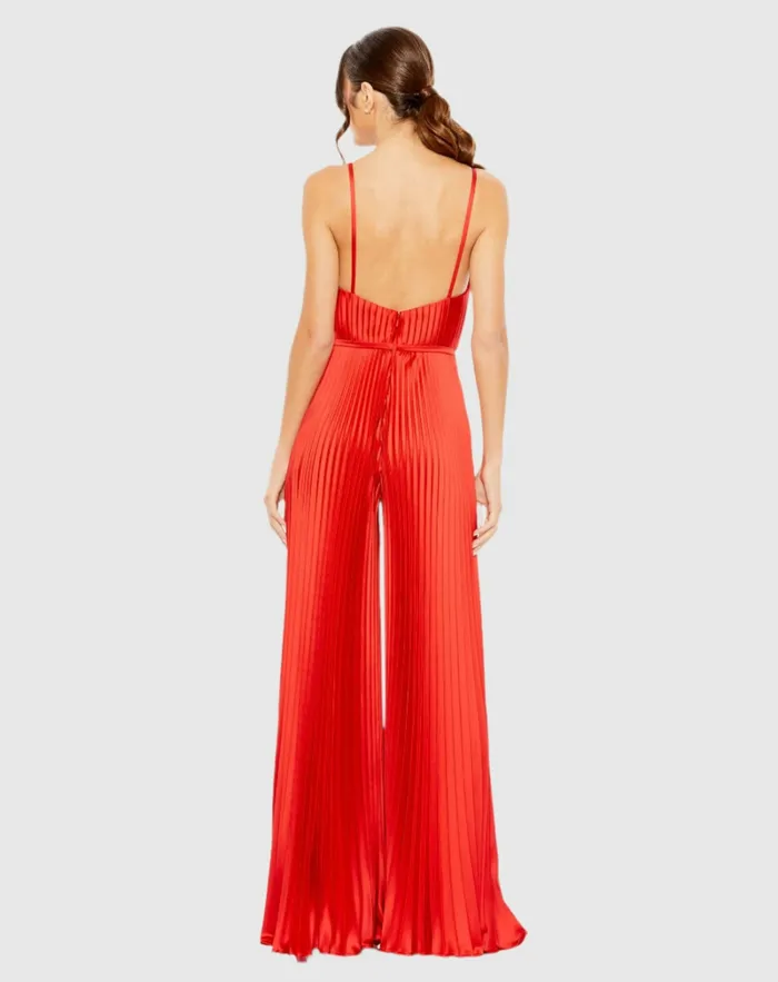 Jumpsuits and Rompers Red Pleated Plunge Neck Wide Leg Jumpsuit Red 8211 Mac Duggal Women