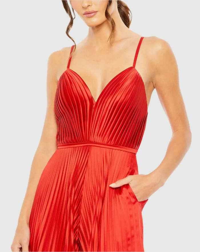 Jumpsuits and Rompers Red Pleated Plunge Neck Wide Leg Jumpsuit Red 8211 Mac Duggal Women