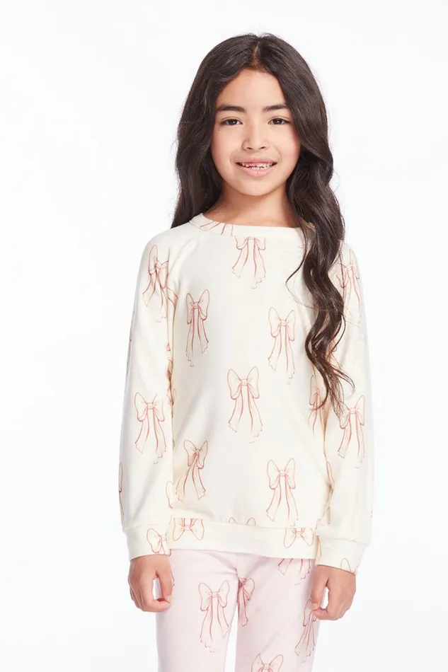 Kids Chaser Brand Girls Allover Bows Girls Raglan Pullover