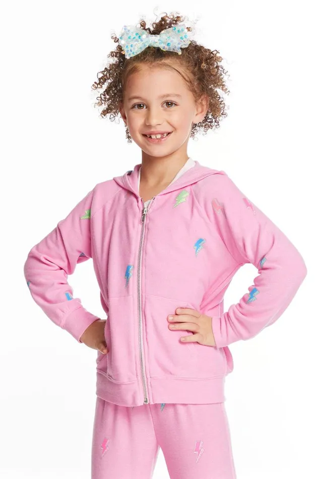 Kids Chaser Brand Girls Glitter Bolts Girls Zipup Hoodie