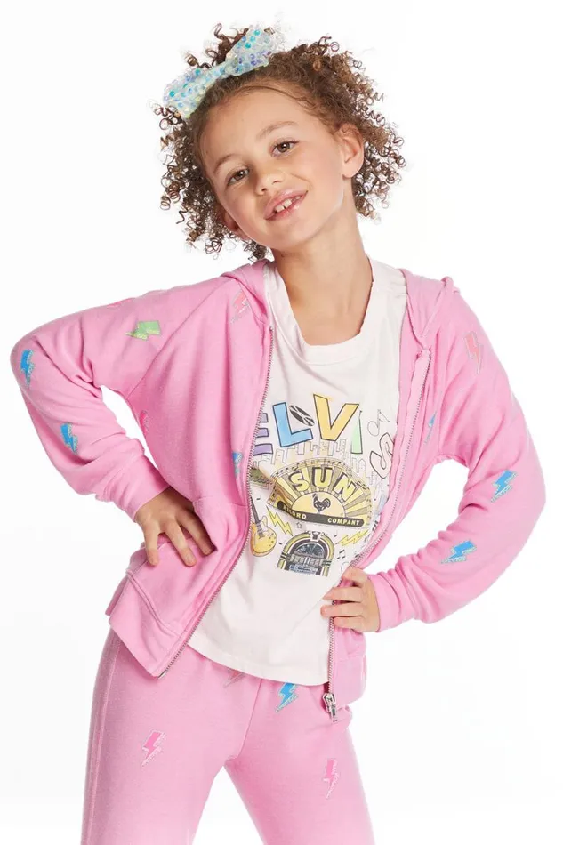 Kids Chaser Brand Girls Glitter Bolts Girls Zipup Hoodie