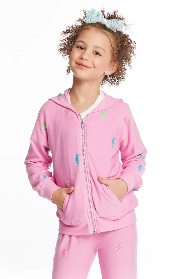 Kids Chaser Brand Girls Glitter Bolts Girls Zipup Hoodie