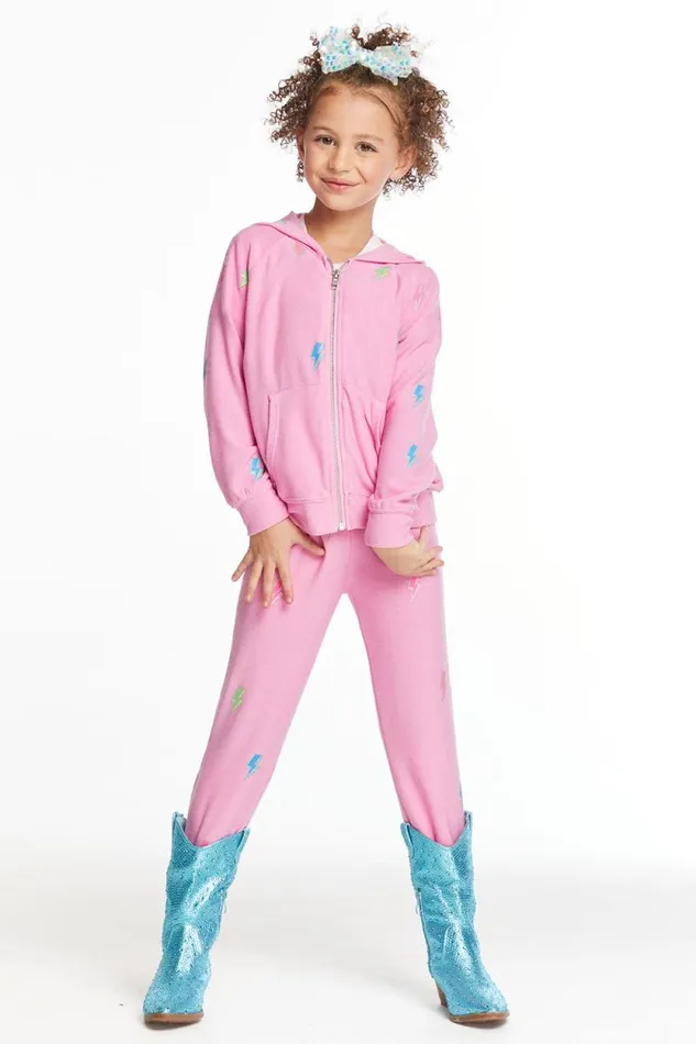 Kids Chaser Brand Girls Glitter Bolts Girls Zipup Hoodie