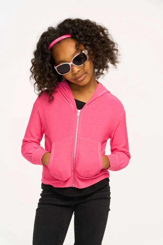 Kids Chaser Brand Girls Puffy Flamingo Pink Cozy Knit Zip Up Hoodie