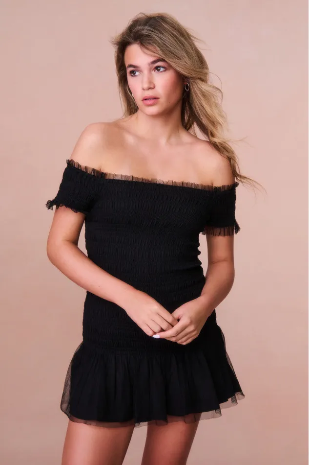 Kids LoveShackFancy Girls Girls Mosa OffTheShoulder Mini Dress Black