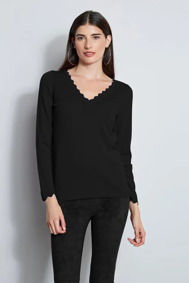 Knits and Sweaters Women Elie Tahari Scallop VNeck Sweater BLACK