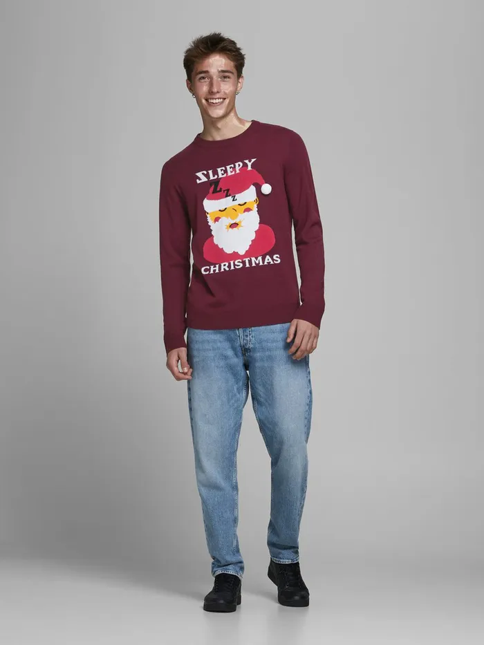 Knitwear JACK and JONES Mens CHRISTMAS JACQUARD KNITTED PULLOVER Red Fig Casaul