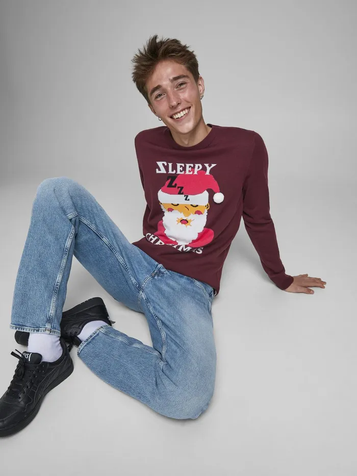 Knitwear JACK and JONES Mens CHRISTMAS JACQUARD KNITTED PULLOVER Red Fig Casaul