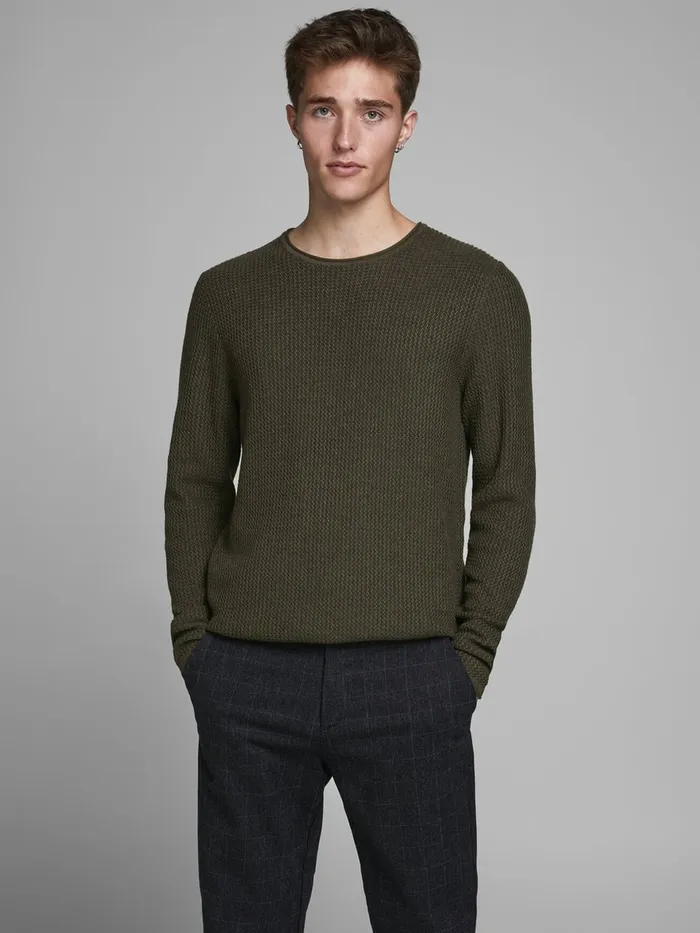 Knitwear JACK and JONES Mens JACQUARD CREW NECK KNITTED PULLOVER Green Olive Night Popular Knitwear JACK and JONES Mens JACQUARD CREW NECK KNITTED PULLOVER Green Olive Night Popular