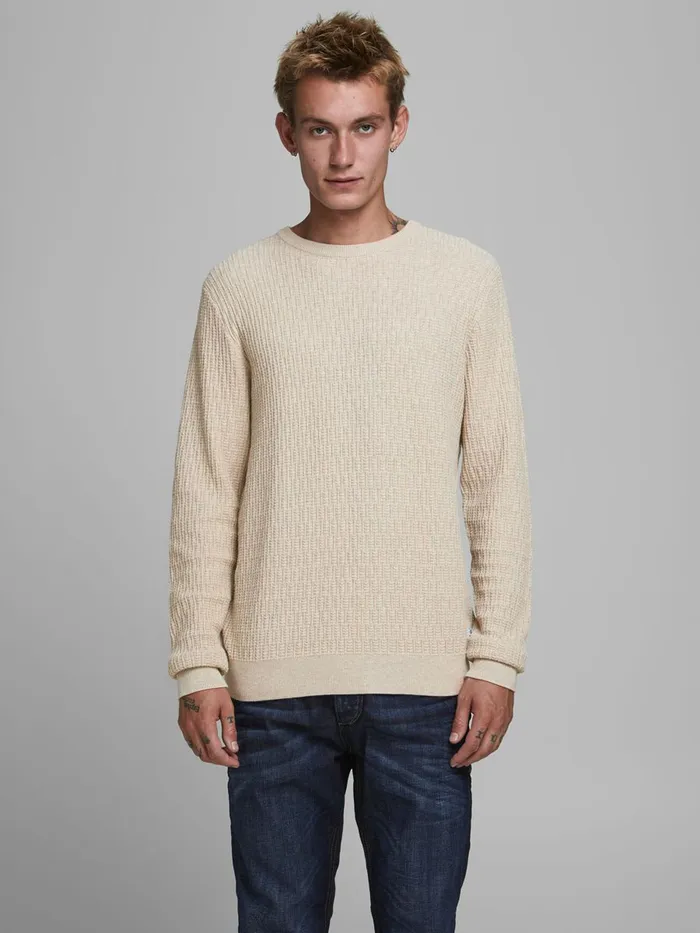 Knitwear JACK and JONES Mens REGULAR FIT KNITTED PULLOVER Beige Oatmeal Gift 4 You Knitwear JACK and JONES Mens REGULAR FIT KNITTED PULLOVER Beige Oatmeal Gift 4 You