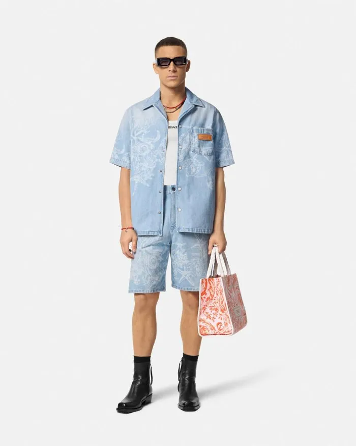 Lasered Barocco Sea Denim Overshirt Blue Men Versace Shirts
