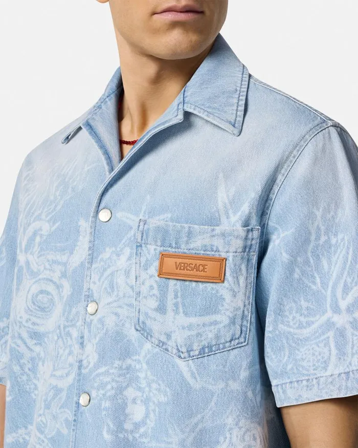 Lasered Barocco Sea Denim Overshirt Blue Men Versace Shirts