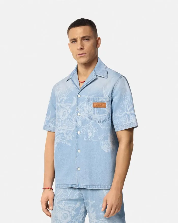 Lasered Barocco Sea Denim Overshirt Blue Men Versace Shirts